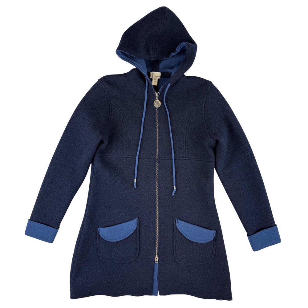 Neve Boiled Wool Hoodie Womens XL Navy Blue Full Zip Longline Jacket Coat